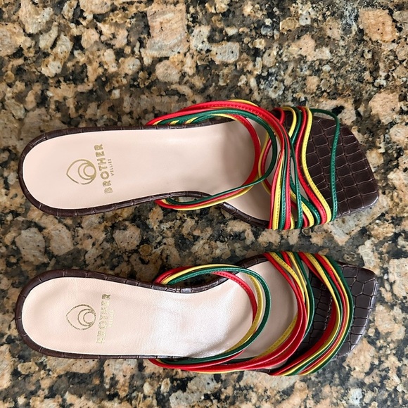 Brother Vellies Leather Slides Yellow * Green * Red Striped - Picture 8 of 10